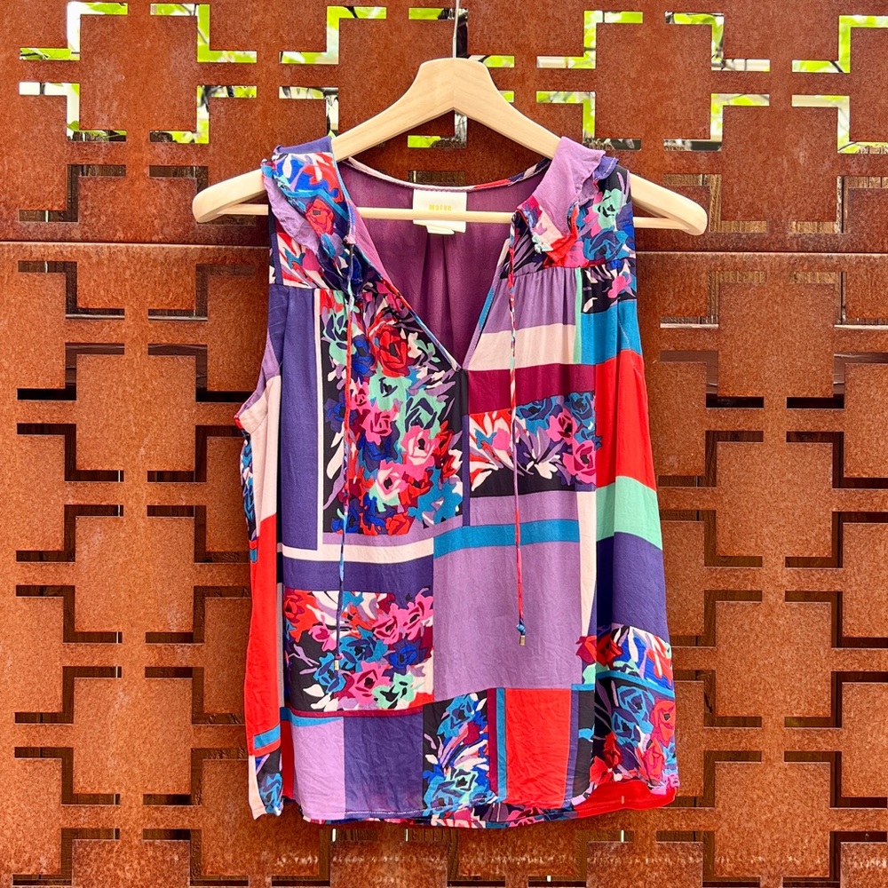 Anthropologie Vibrant Printed Patchwork Ruffle Neck Sleeveless Top